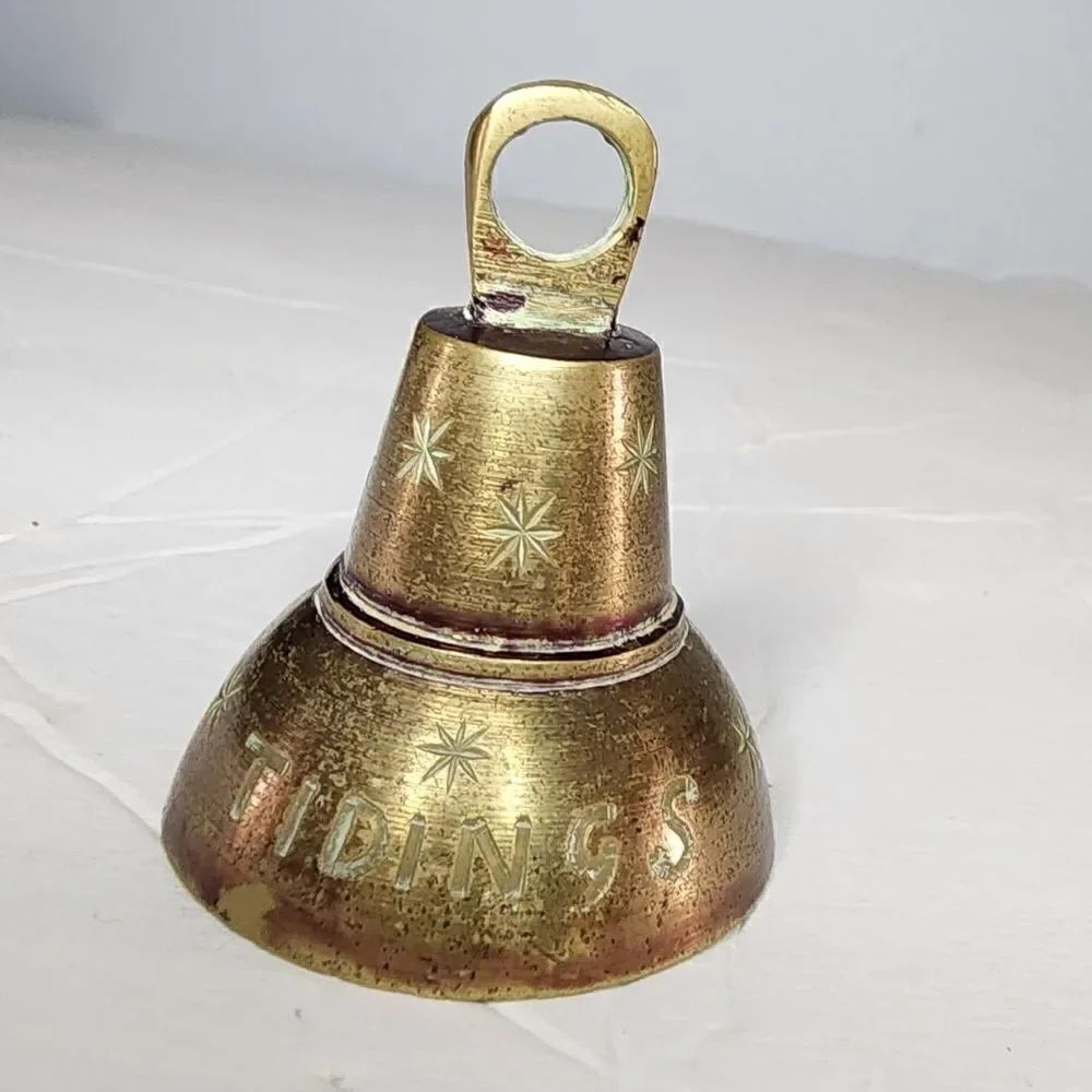 Vintage Brass bell Figurine with Aged Patina mid century 1950s Glad Tiding India